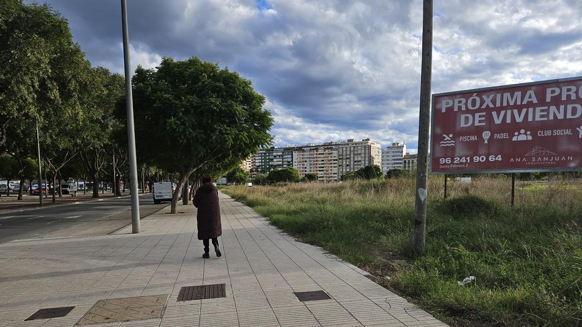 Una mujer camina junto a solares de Tulell con un cartel que anuncia una promoción que no se construyó.