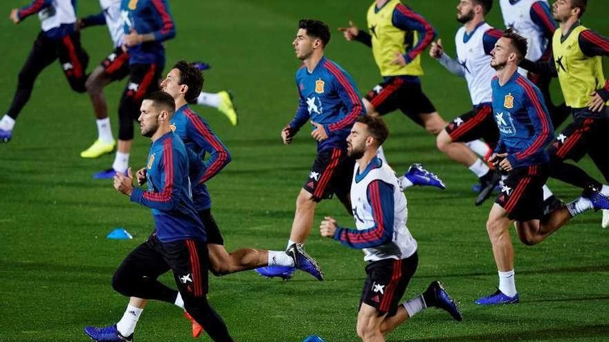 Los jugadores de la selección corren en Las Rozas. // Efe