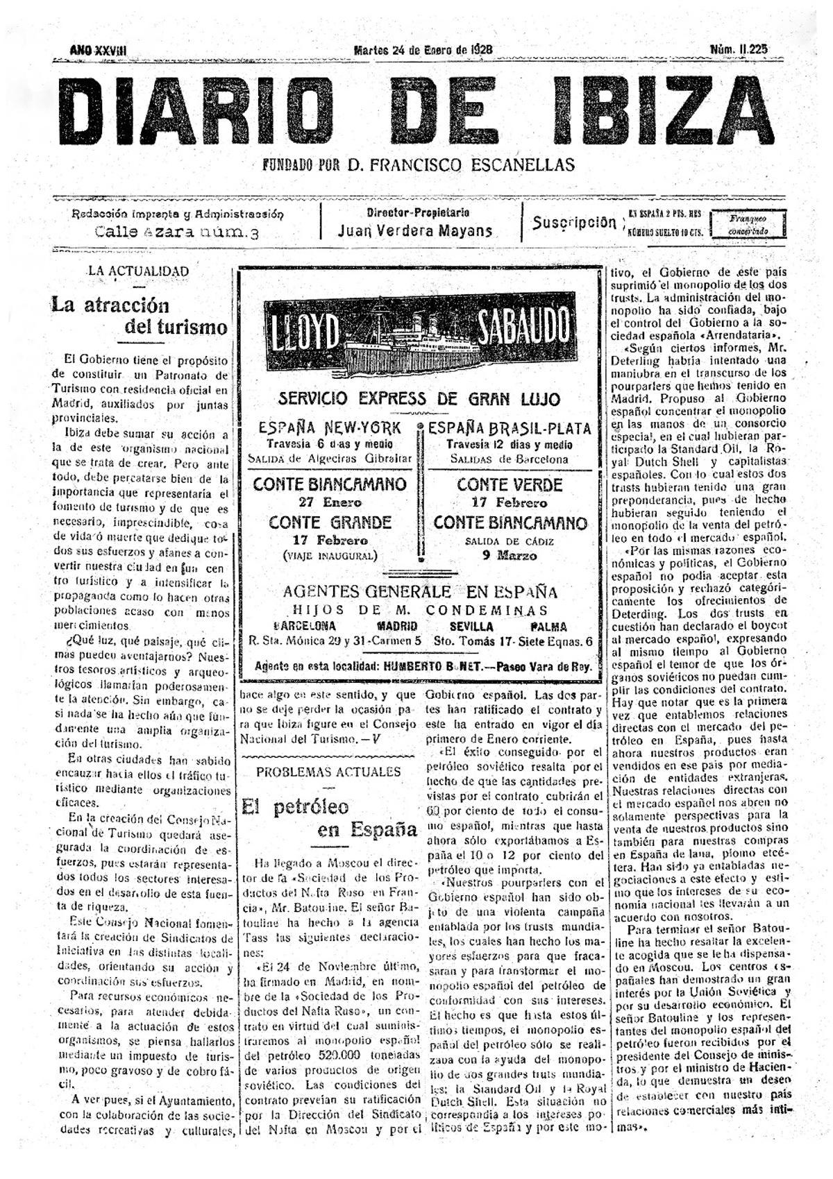 24 enero de 1928. Puertos de interés general. El Gobierno declara de interés general los puertos de Ibiza y Formentera, lo que augura inversiones para mejorarlos.