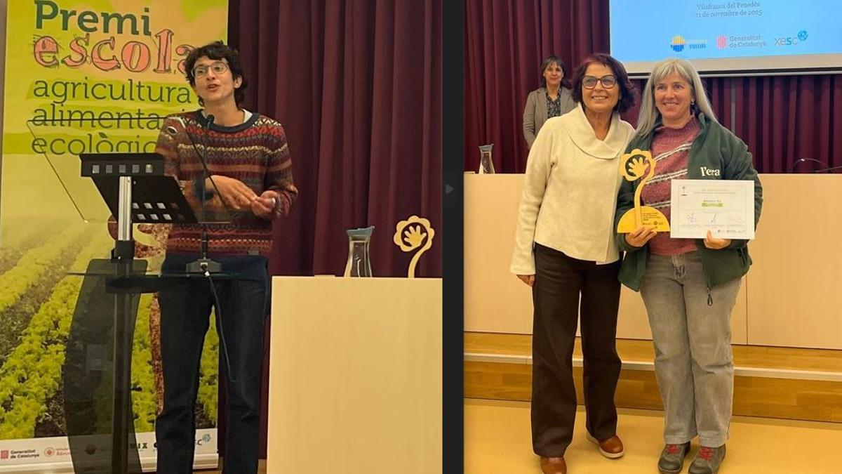 Berta Castellà, professora del grau mitjà en producció agroecològica a l’Escola Agrària de Manresa, i Xènia Torras, de l’associació L’Era, durant el lliurament de premis