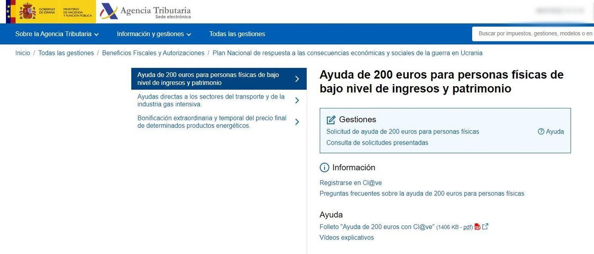 La solicitud de la ayuda de 200 euros debe hacerse desde la web de la Agencia Tributaria