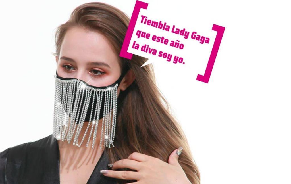 Mascarilla de brillantes de Aliexpress con bocadillo Tiembla Lady Gaga
