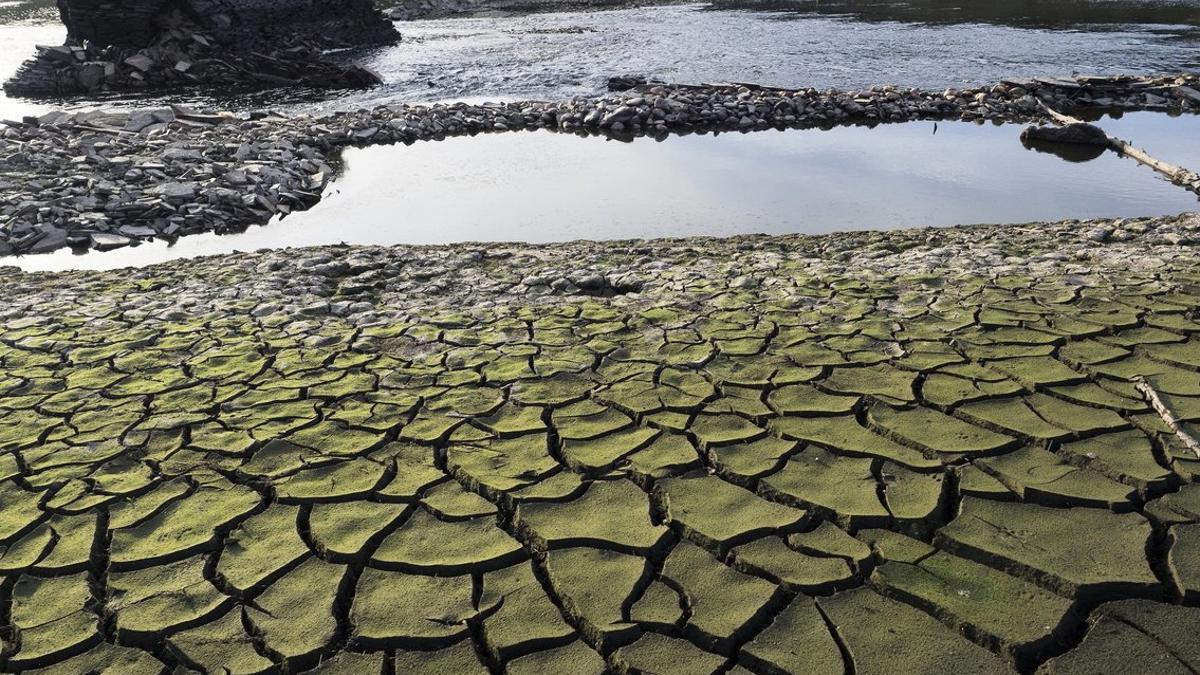 Tierra seca y cuarteada en el embalse de Belesar, a los pies del río Miño, cerca de Portomarín (Lugo).