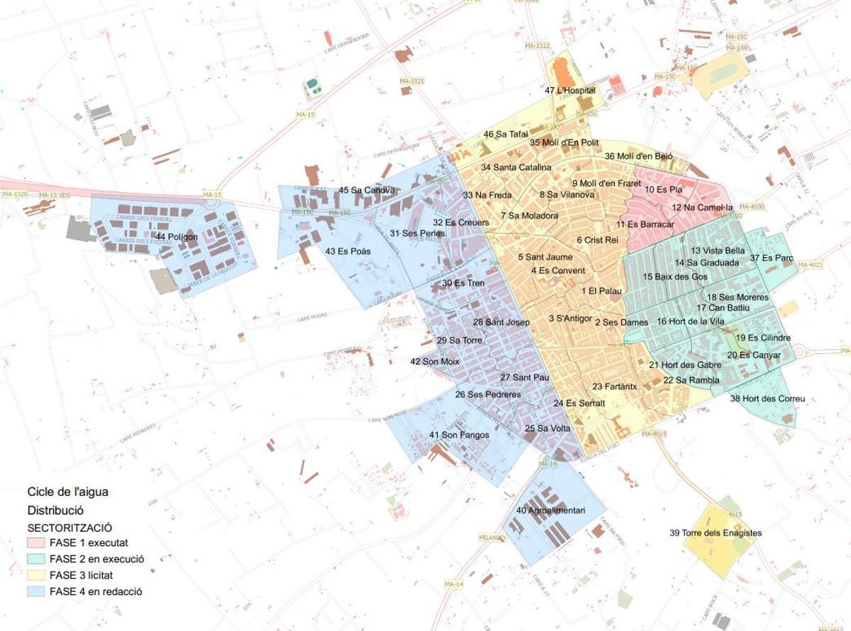 Mapa de la sectorización de la red de suministro de agua de Manacor