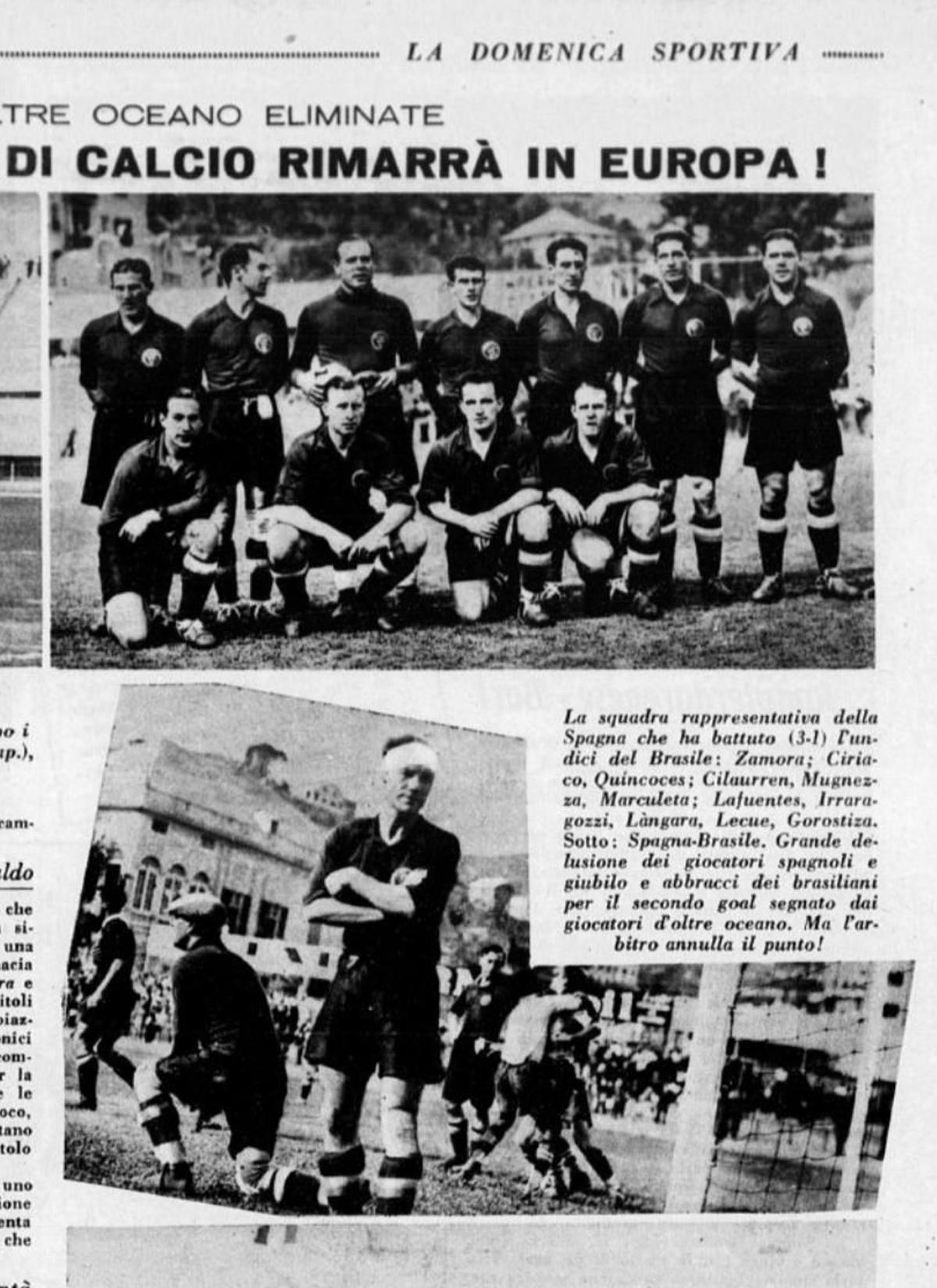 Imagen de la prensa italiana del partido entre España y Brasil del Mundial de 1934.