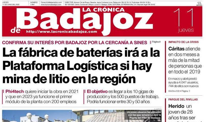 Esta es la portada de LA CRÓNICA DE BADAJOZ correspondiente al día 11 de junio del 2020