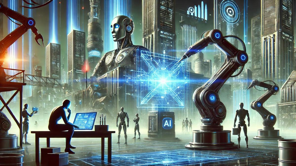 Recreación artística de la asumpción de tareas humanas por parte de robots inteligentes.