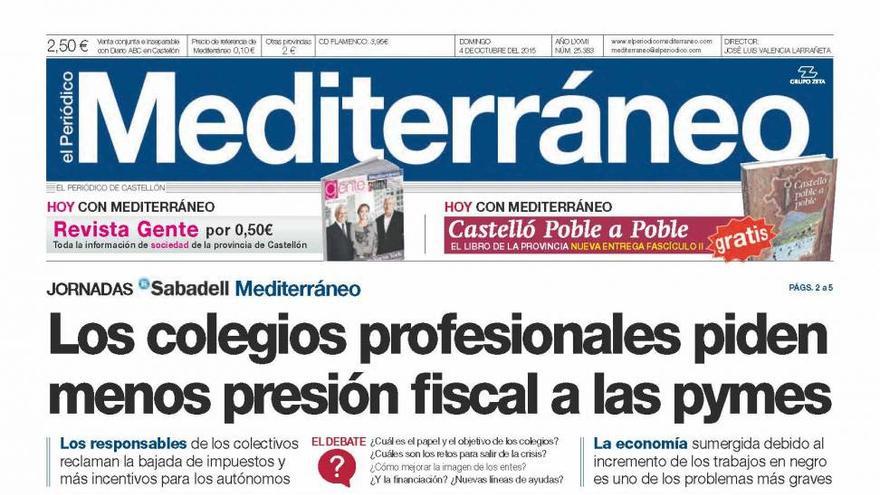 Las reivindicaciones de los colegios profesionales, en la portada del periódico Mediterráneo