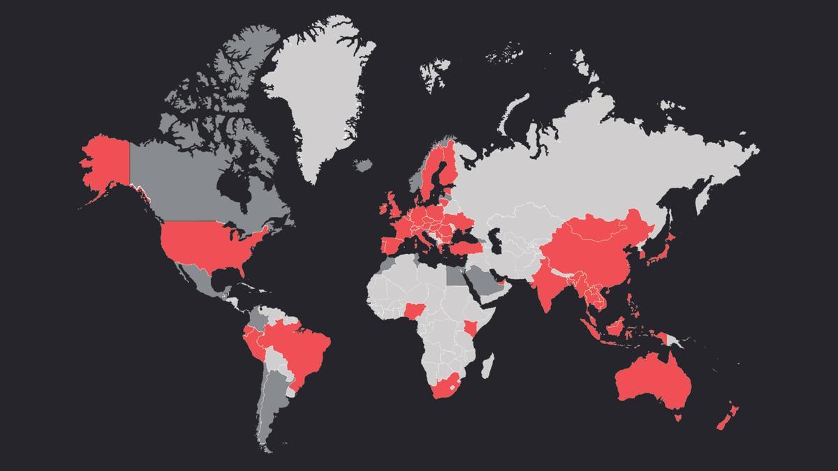 En vermell, països on hi ha oficines membres del grup. En gris, presència del grup mitjançant aliances
