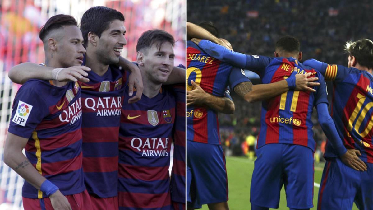 Neymar Junior, Luis Suárez y Leo Messi en dos imágenes de las temporadas 2015/16 y 2016/17, respectivamente
