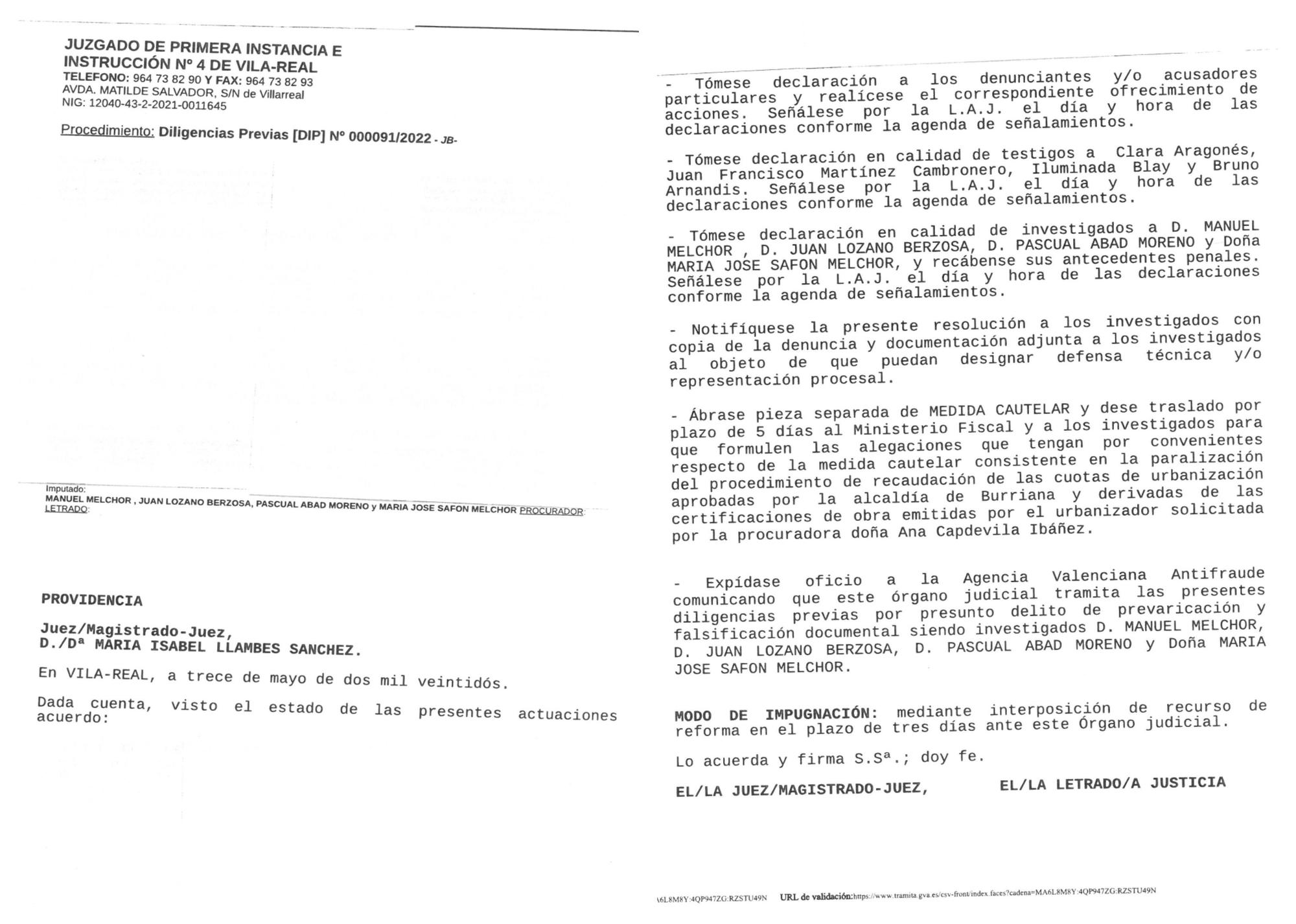 Documento judicial en el que se aprecia que el juzgado llama a declarar a cuatro personas, entre ellas la alcaldesa, en calidad de investigadas.