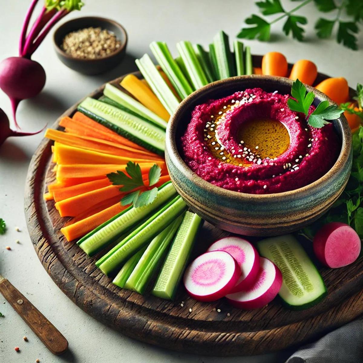 Hummus de remolacha con crudités.