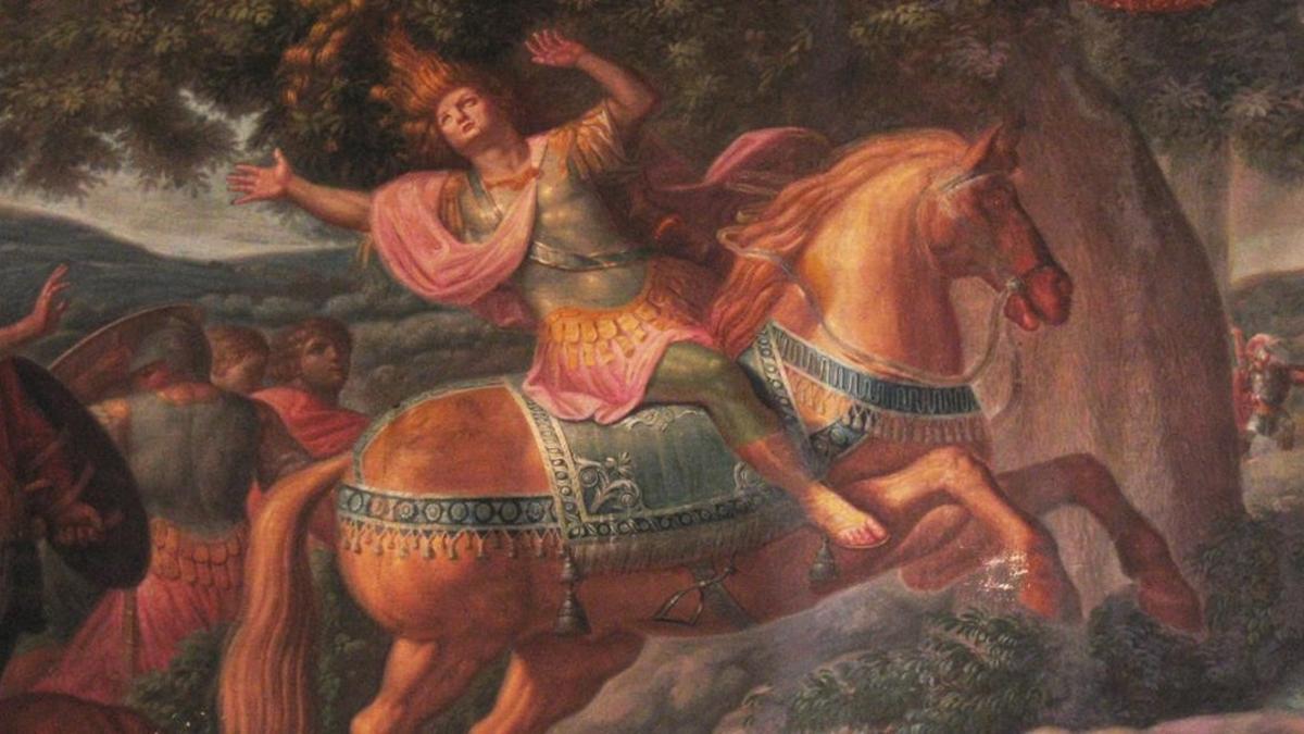 Una de las escenas, en este caso la muerte de Absalón, del ciclo pictórico sobre la historia bíblica de David que decoran las paredes del salón principal de Ca l'Erasme.