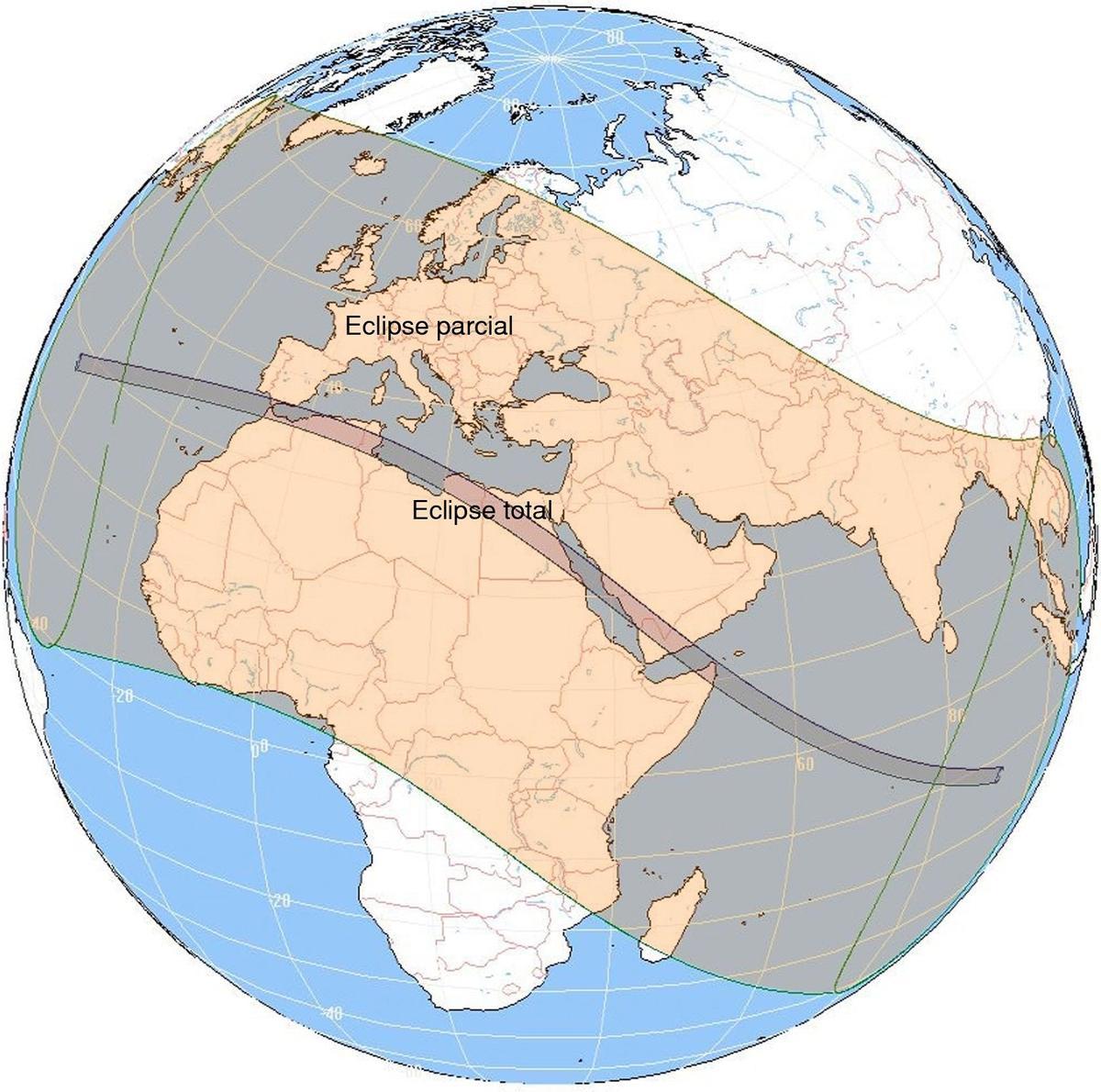 Recorrido de la franja de totalidad del eclipse solar de 2027 sobre el sur de España y el norte de África.
