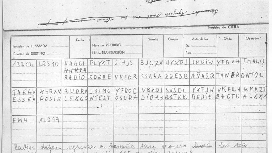 Mensaje cifrado con Enigma recibido en la Agregaduría Naval.
