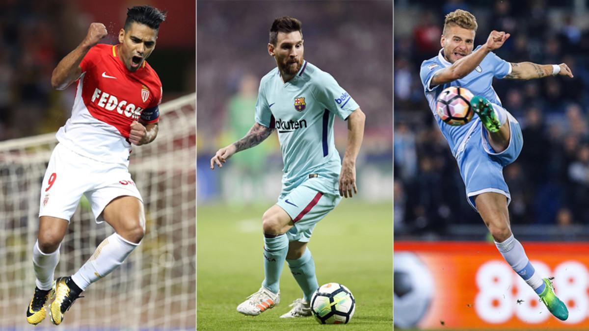 Radamel Falcao (AS Mónaco), Leo Messi (FC Barcelona) y Ciro Immobile (SS Lazio)