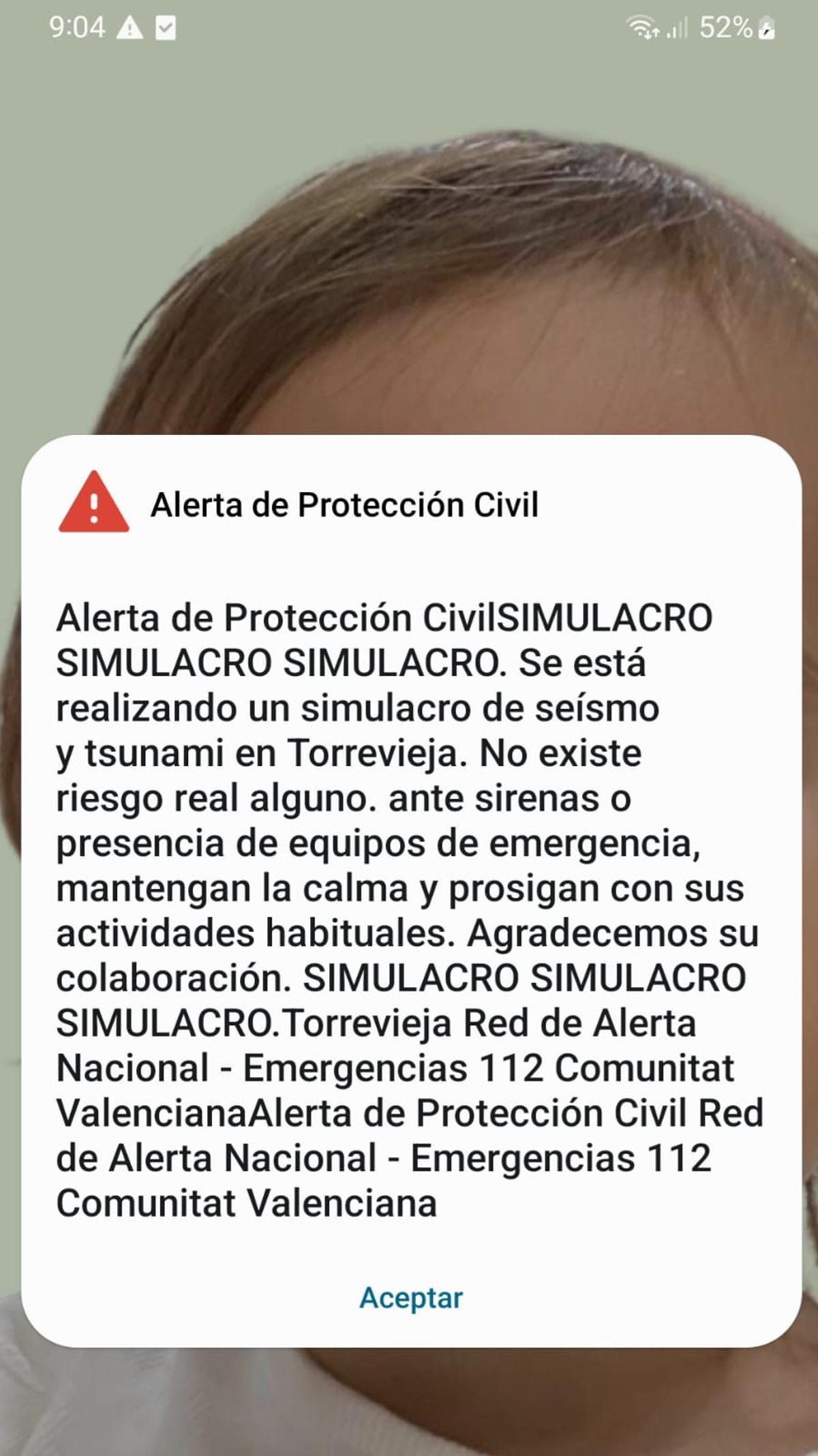 Mensaje difundido mediante el ES-Alert en el simulacro de Torrevieja.