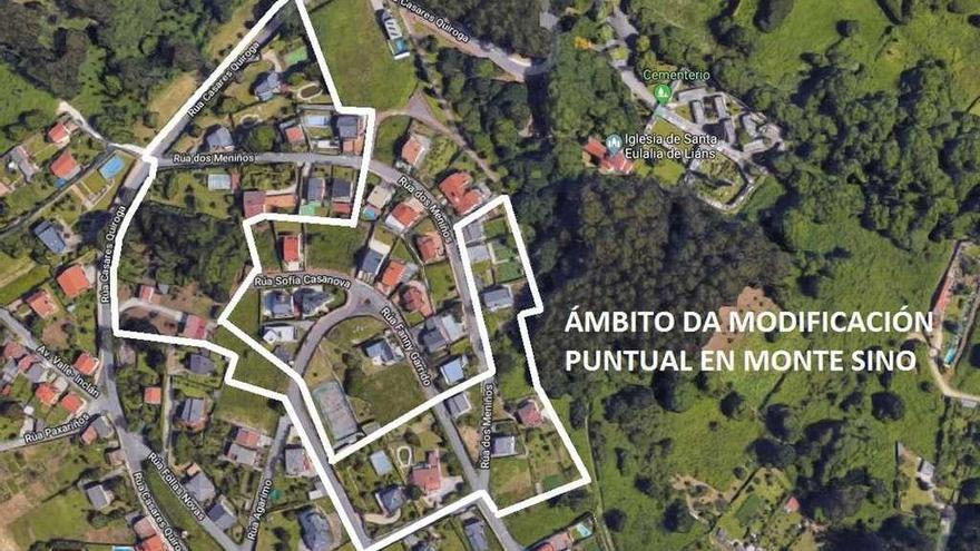 Delimitación del ámbito del SUD-17, que pasará de urbanizable a urbano, en Monte do Sino.