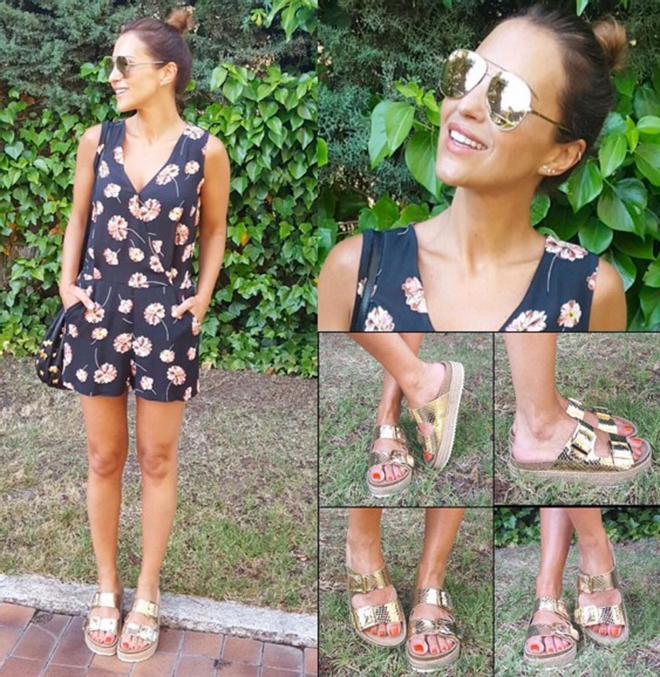 Paula Echevarría con mono y sandalias doradas