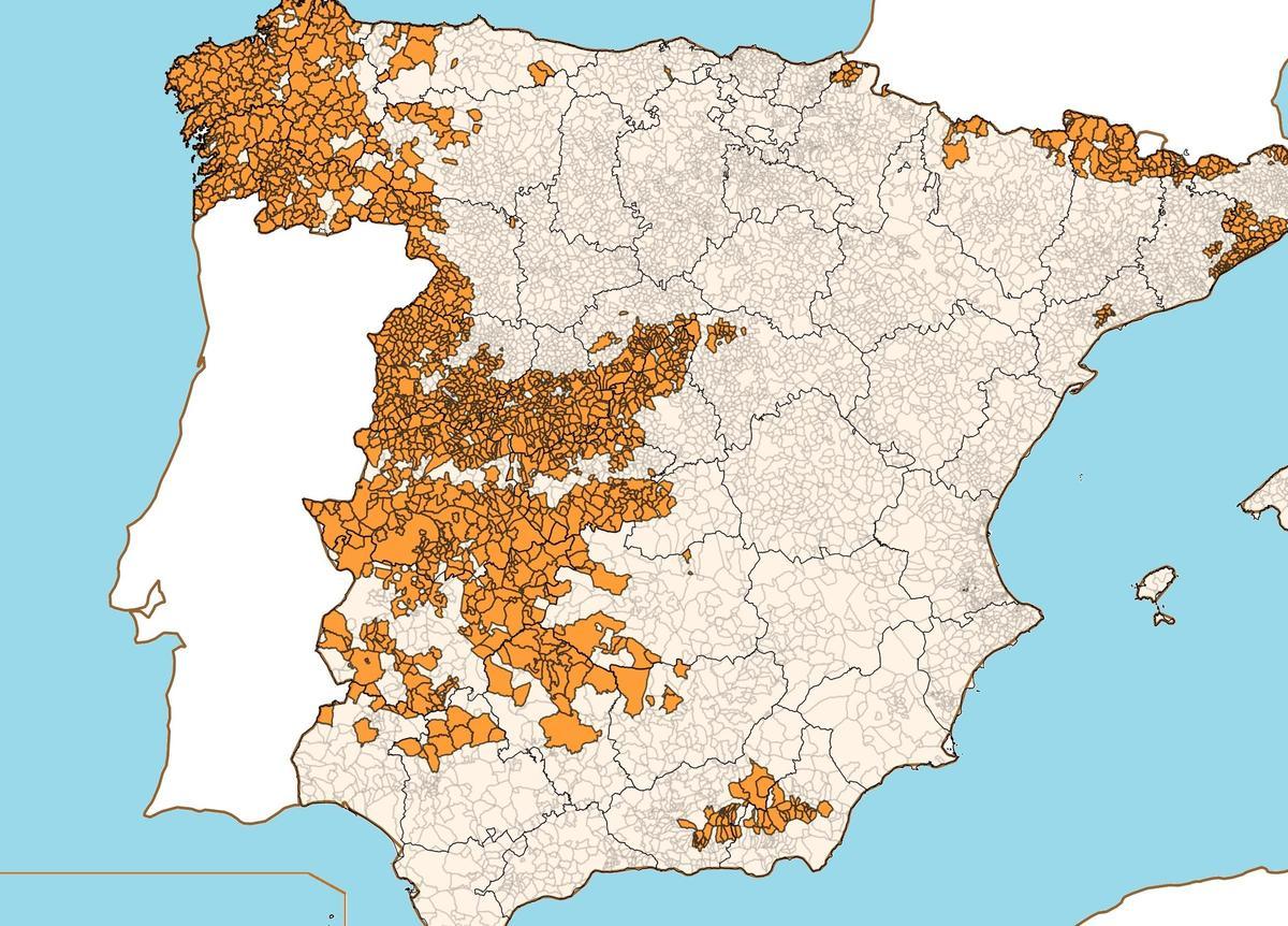 Mapa con el detalle de las zonas con mayor presencia del gas radón en España.