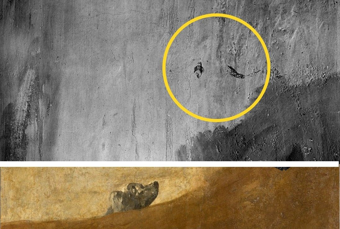 Fotomontaje donde se observa al 'Perro semihundido' de Goya (1820-1823), y lo que los expertos creen que son dos pájaros que estarían en la pintura original de la Quinta del Sordo.