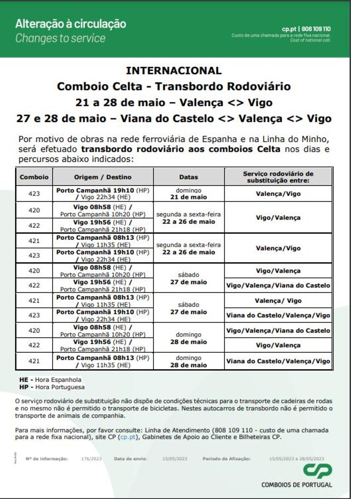 Transbordos por carretera del Tren Celta entre el 21 y 28 de mayo