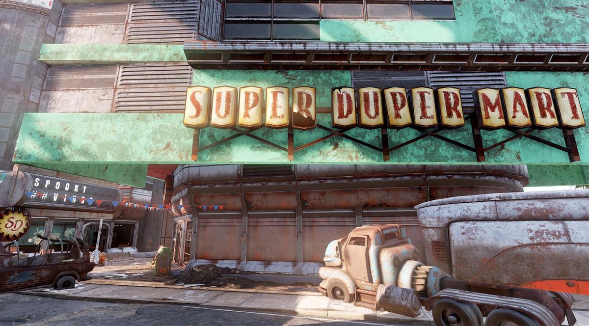 Super-Duper Mart interior showing post-apocalyptic shelves