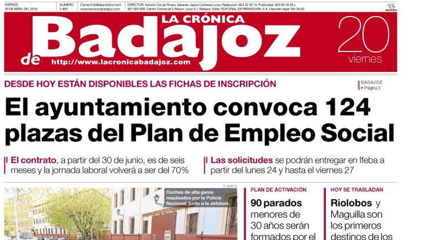 Esta es la portada de LA CRÓNICA DE BADAJOZ correspondiente al día 20 de abril del 2018