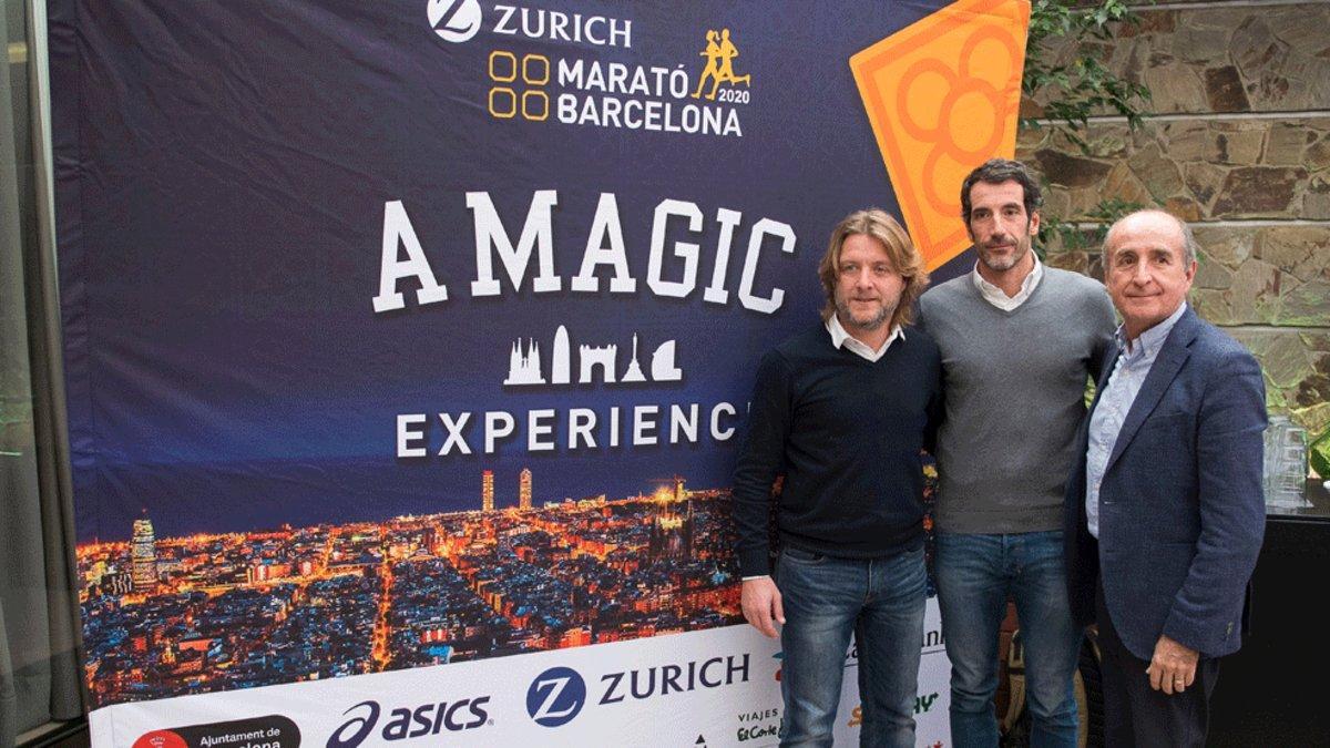 Escudé, Llorens y Porcar, en la presentación de la Zurich Marató de Barcelona