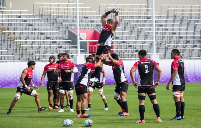 Wimpie van der Walt (top) participa en un entreno en el Prince Chichibu Memorial Rugby Stadium en Tokio para participar en el Mundial de Rugby de Japón 2019