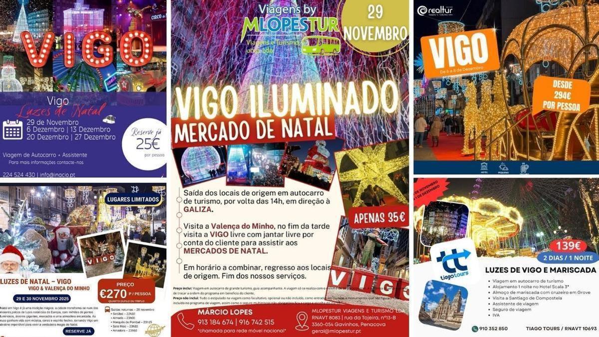 Carteles de viajes programados desde Portugal a la Navidad de Vigo