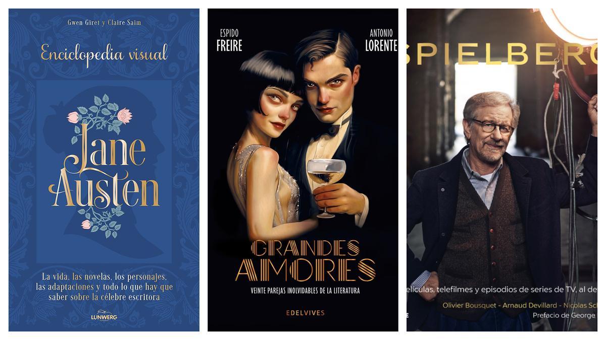 Portadas de 'Enciclopedia visual de Jane Austen', 'Grandes amores y 'Spielberg'.