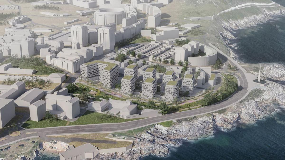 Propuesta actual para construir en As Percebeiras, con los nuevos edificios con cubierta verde.