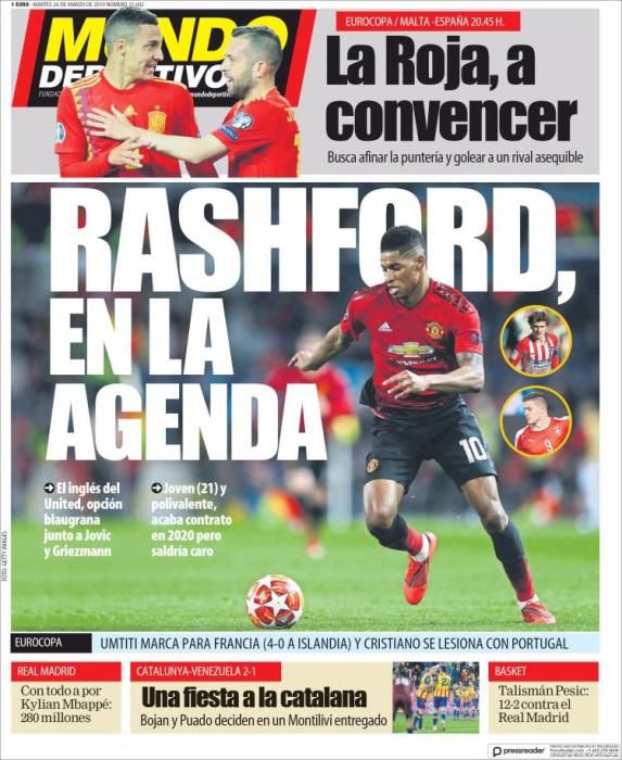 Malta-España, Rashford, Mbappé, en las portadas deportivas de este 26 de marzo de 2019 - Superdeporte