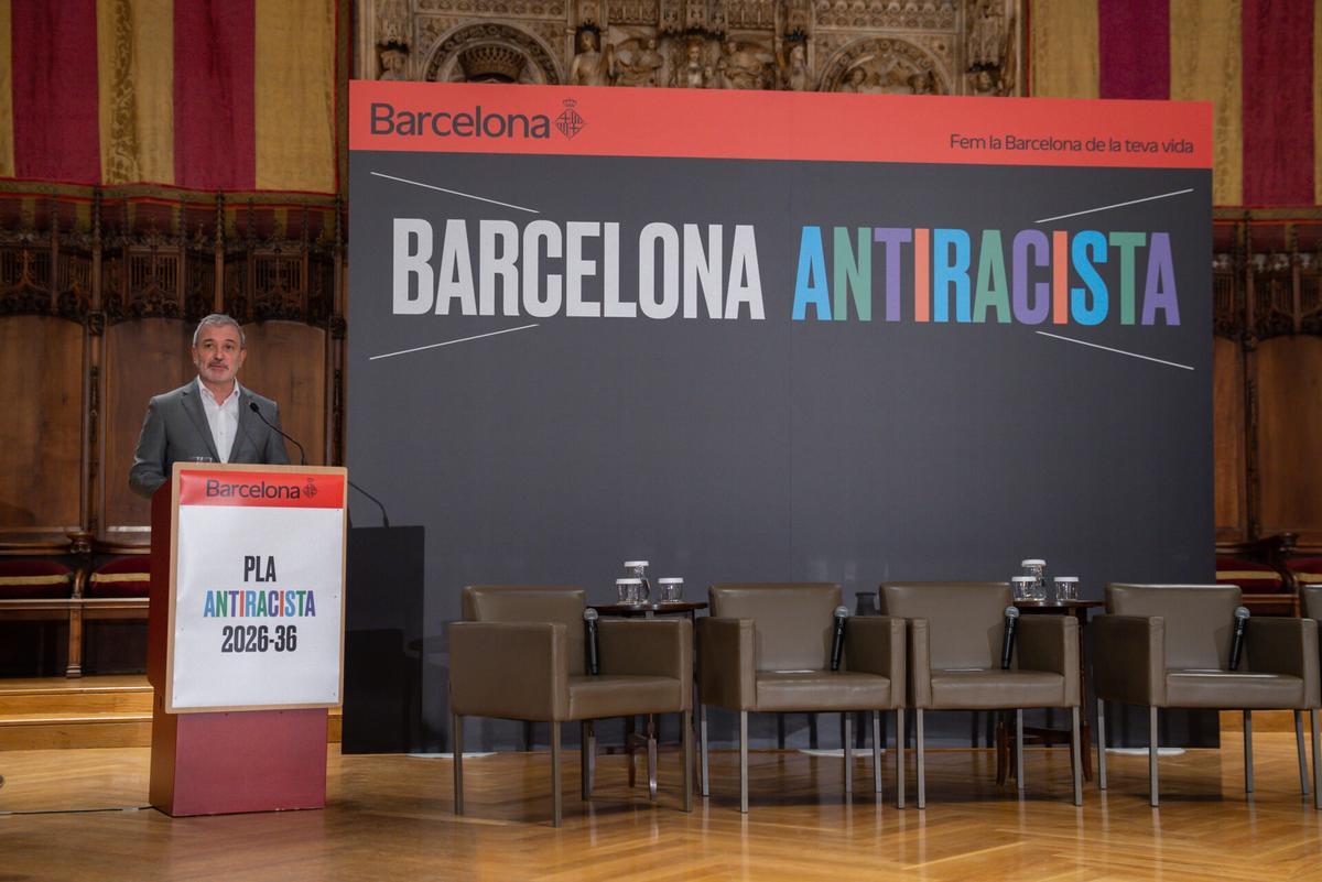 Jaume Collboni durante la presentación del Plan Antiracista 2026-2036 de Barcelona