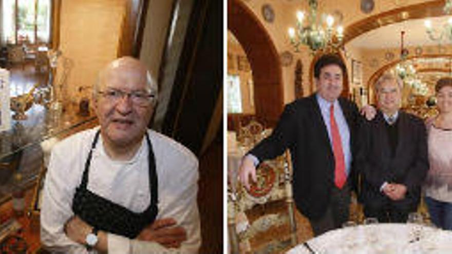 Jaume Subirós, cuiner i propietari del Motel; Ramon, Lluís i Lluïsa Duran, al menjador principal del seu restaurant, el Duran.