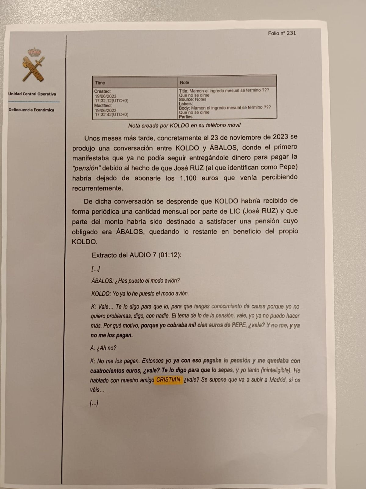 Página 231 con el extracto de uno de los audios donde aparece el nombre del socialista cordobés Cristian Corvillo.