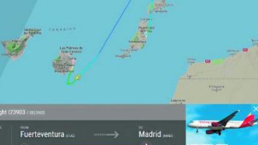 Trayectoria que realizó el avión ayer al regresar a Gran Canaria.