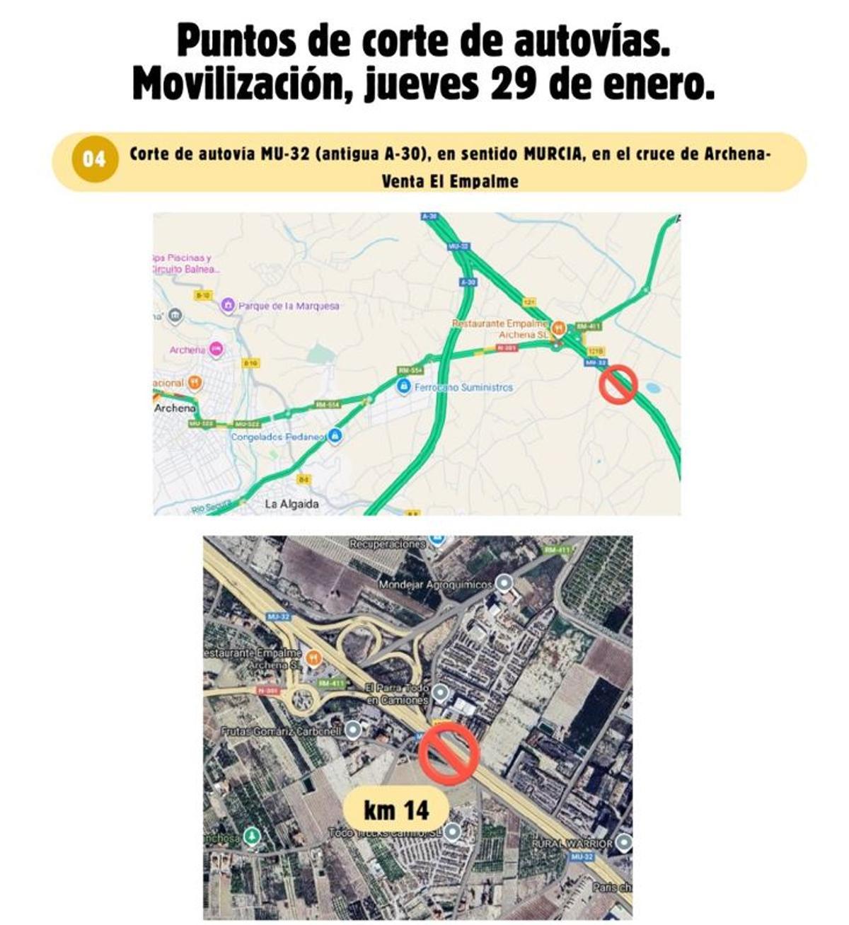 Punto de corte de la autovía por las tractoradas del jueves