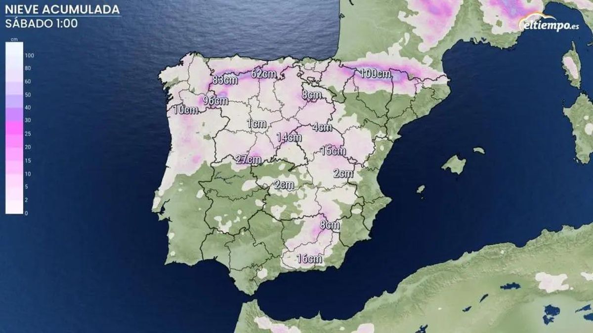 Predicción de nieve acumulada para el próximo sábado.