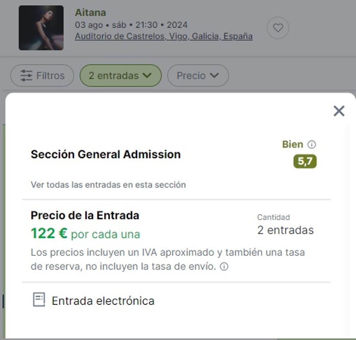 Páginas como Viagogo ofrecen entradas para el concierto de Aitana en Vigo por 122 euros.