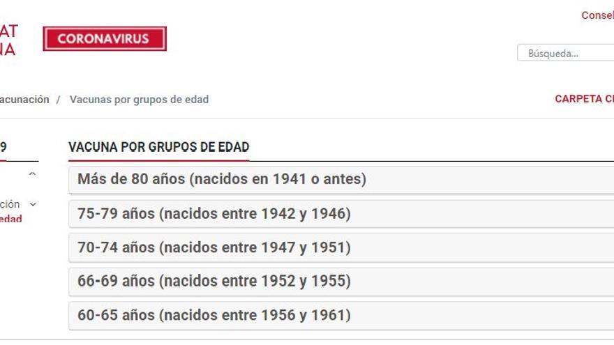 Imagen de la web en la que Sanitat informa sobre el calendario de vacunación