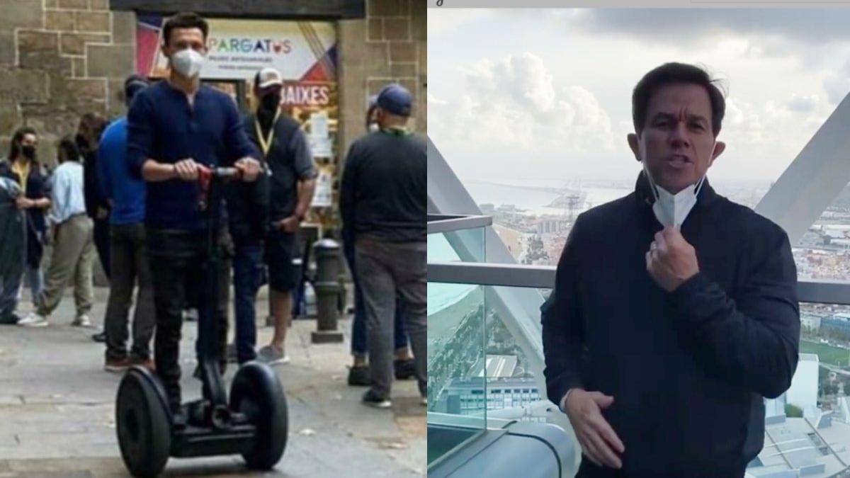 Tom Holland, en 'segway' por el Gòtic, y Mark Wahlberg, desde el Hotel Arts, durante su rodaje en Barcelona.
