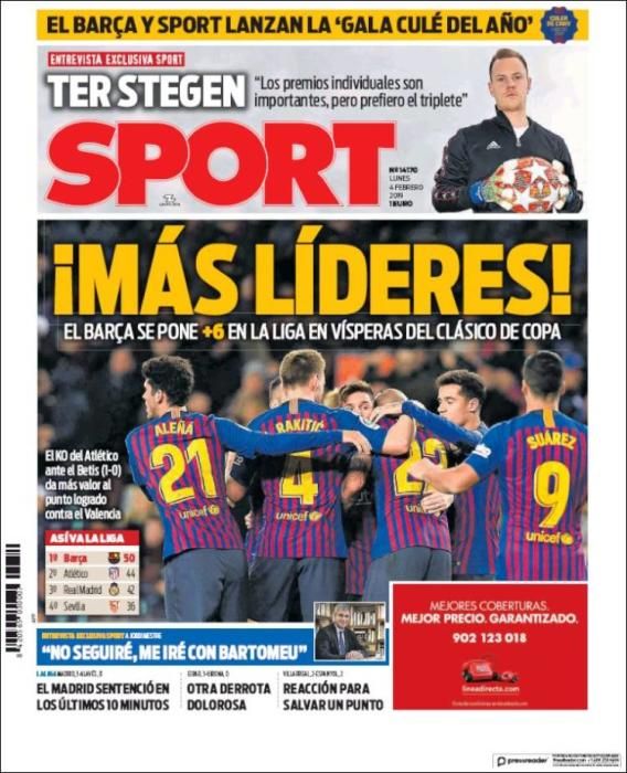 Portada SPORT lunes 4 de febrero 2019