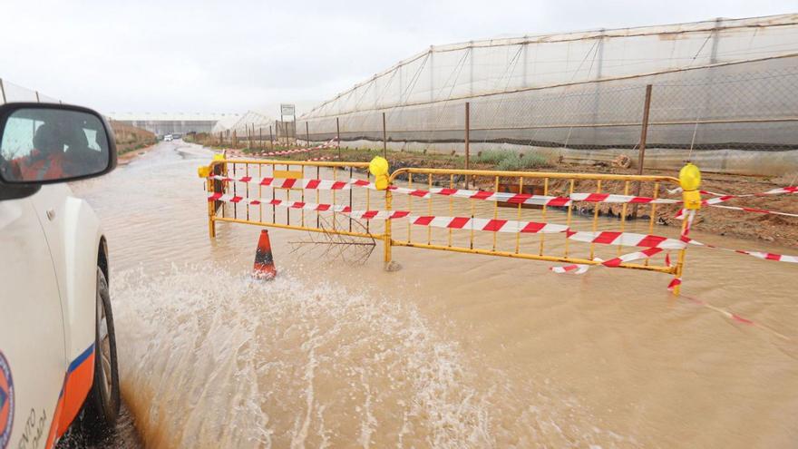 Calles anegadas de agua entre los invernaderos de San Pedro y Pilar de la Horadada. | TONY SEVILLA