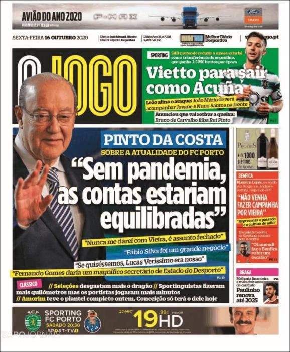 Portada O JOGO viernes 16 octubre 2020