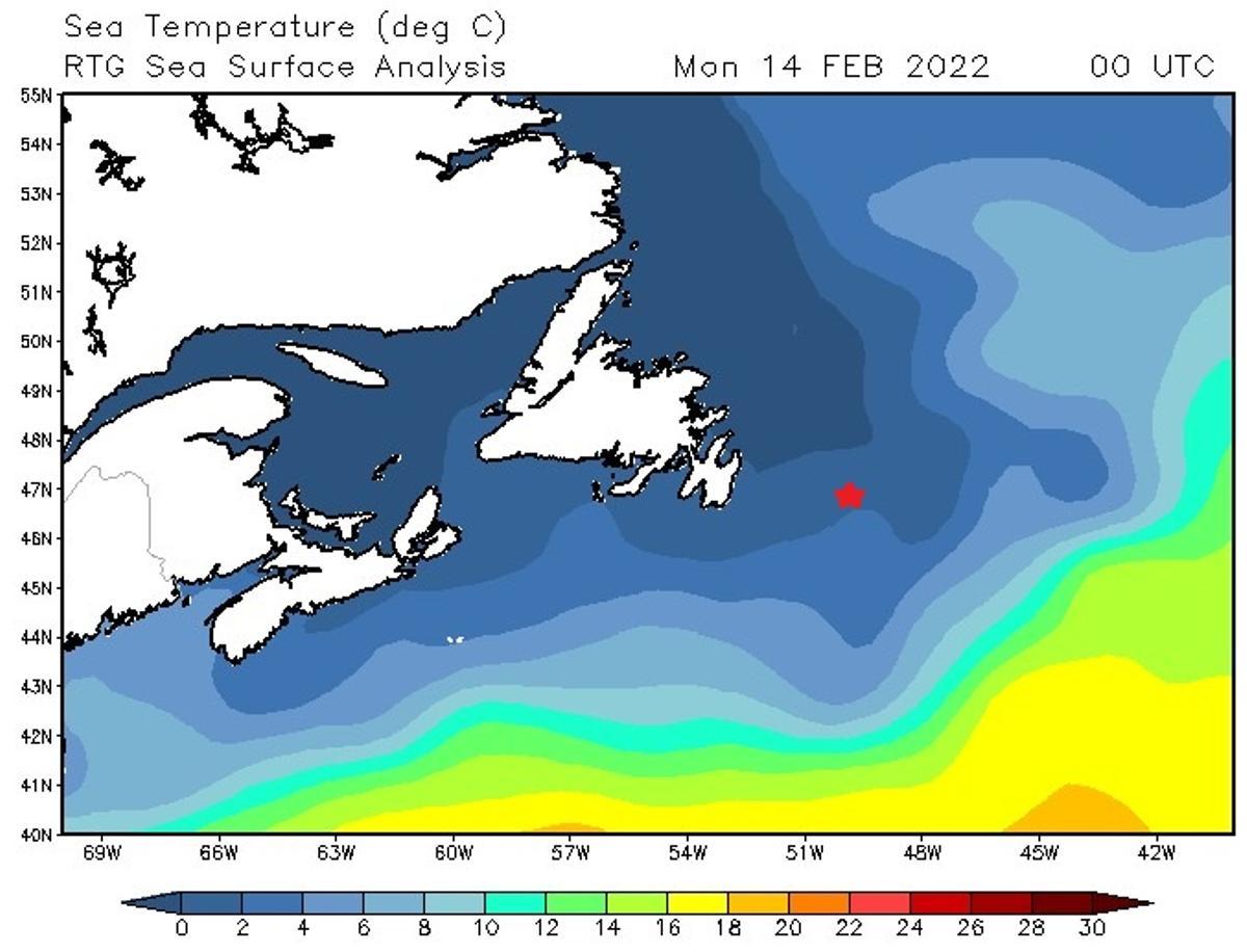Temperatura del agua en la zona del naufragio del "Villa de Pitanxo"