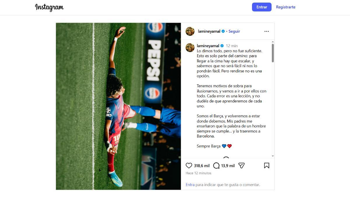 El mensaje de Lamine Yamal en Instagram tras la eliminación enla Champions 2025/26
