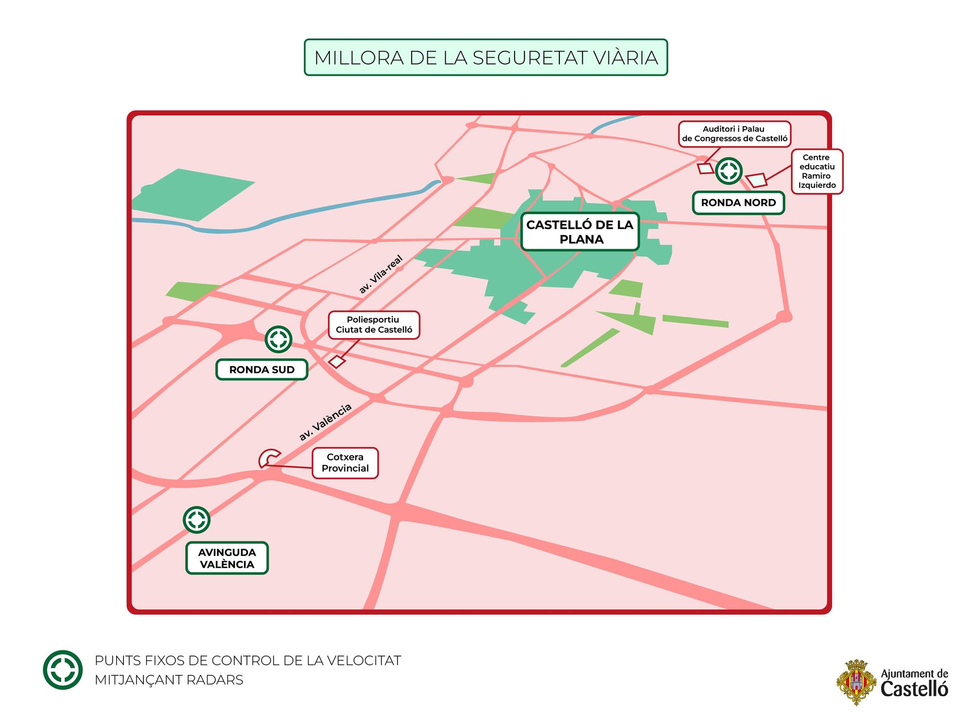 Mapa con los radares fijos que se instalarán en la ciudad de Castelló.