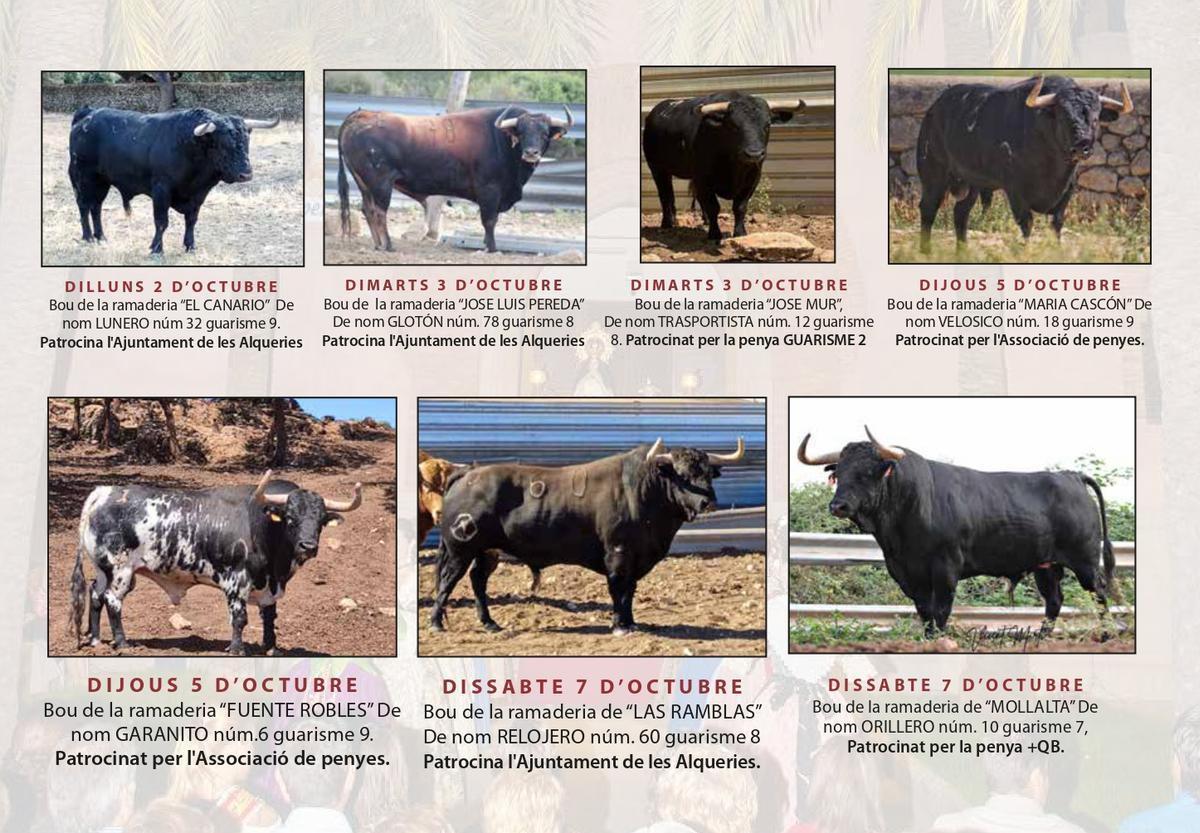 Cartel con los toros que faltan por exhibir en las fiestas de les Alqueries.